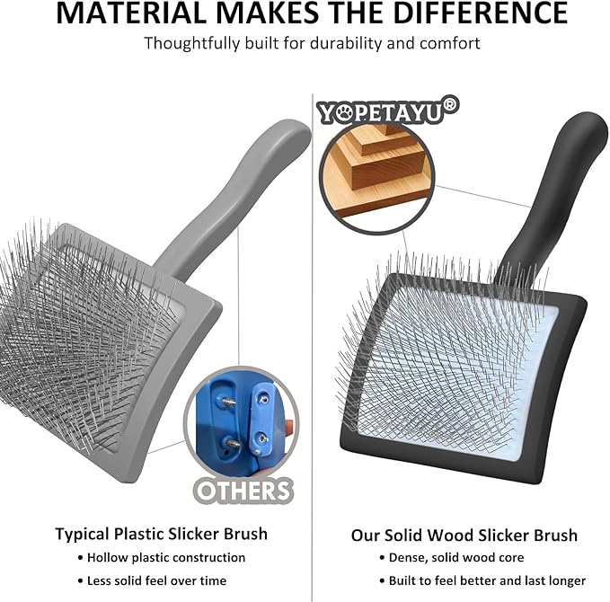 Dog Slicker Brush & Stainless Steel Comb Set for Shedding & Grooming Medium & Large Long or Thick Coated Dogs, Doodles & Cats, 1 Inch Pin Slicker Brush with Ergonomic Wooden Handle, Black