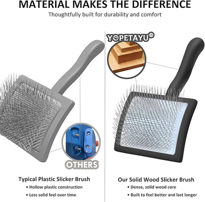 Dog Slicker Brush & Stainless Steel Comb Set for Shedding & Grooming Medium & Large Long or Thick Coated Dogs, Doodles & Cats, 1 Inch Pin Slicker Brush with Ergonomic Wooden Handle, Black