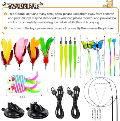 HONGDDY Cat Toys for Indoor Cats, 14Pcs 4 in 1 Cat Interactive Toys, Hanging Door Kitten Wand with Suction Cup Removable Feathers Balls Mice Butterfly Streamers