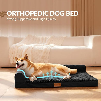 Patas Lague Orthopedic Jumbo Dog Bed for Extra Large Dogs 56''X40'', Waterproof L Bolster Pet Sofa Beds with Removable Washable Cover, Soft Comfortable Pet Couch Crate Mat with Nonskid Bottom, Black