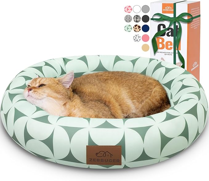 Zerbuger Cat Bed, 20In Dog Beds for Small Dogs, Calming Cat & Dog Beds for Indoor Pets, Pet Beds Comfortable Donut Round Ultra Soft (Green Pattern, 20.0" L x 20.0" W x 6.5" Th)
