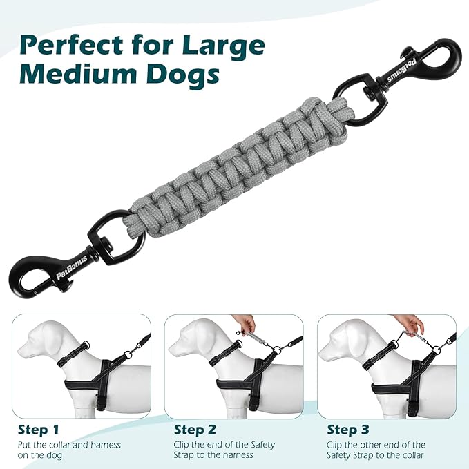 PetBonus Dog Collar Safety Clip, Handmade Backup Safety Strap for Dog Harness, Prong, Pinch Collar, Double Ended Clasp Leash Connector (Grey)