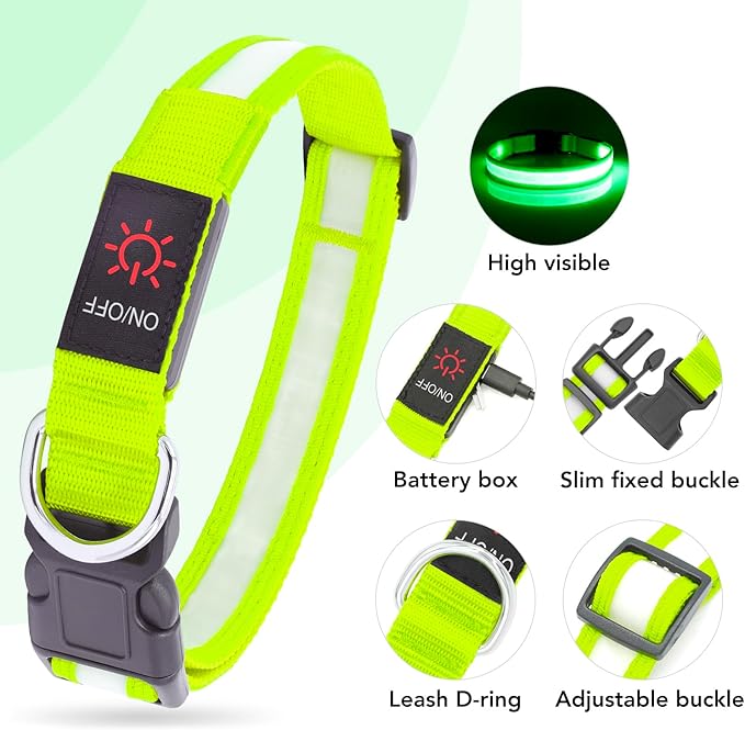Vizpet LED Dog Collar, Light Up Dog Collar Adjustable USB Rechargeable Super Bright Safety Light Glowing Collars for Dogs(Medium,Green)