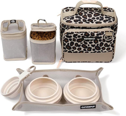 Cleverpup, Small 7-Piece Bistro Box Dog Food Travel Kit, 6-Cup Kibble Storage, 2 Silicone Bowls, Mat & Scoop - Premium Portable Pet Food Kit for Weekends, Overnights, Daycare & Camping, Leopard