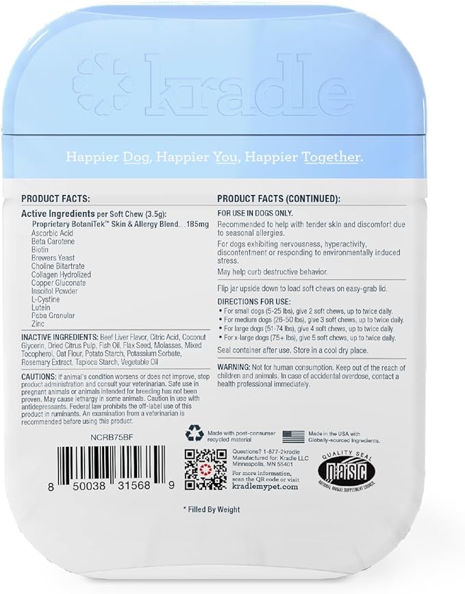 Kradle Skin Recovery Chews for Dogs - Biotin Collagen Zinc - Soothes Environmental Skin Irritation - 75 Chews