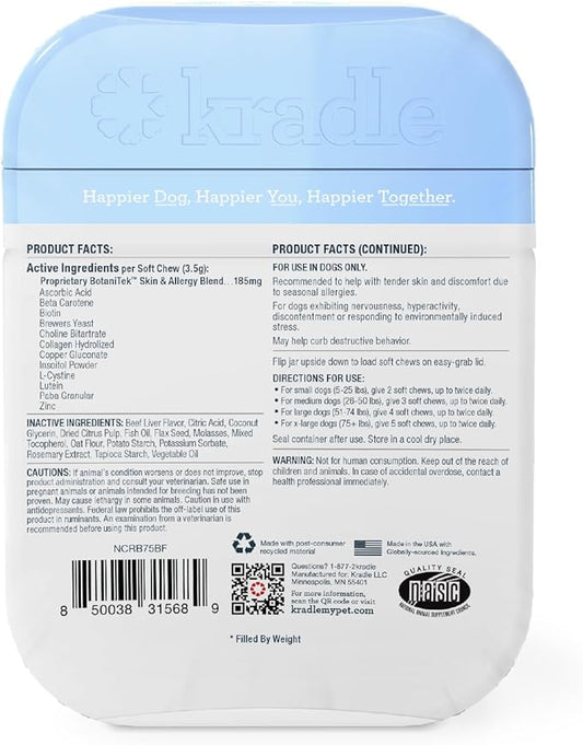 Kradle Skin Recovery Chews for Dogs - Biotin Collagen Zinc - Soothes Environmental Skin Irritation - 75 Chews
