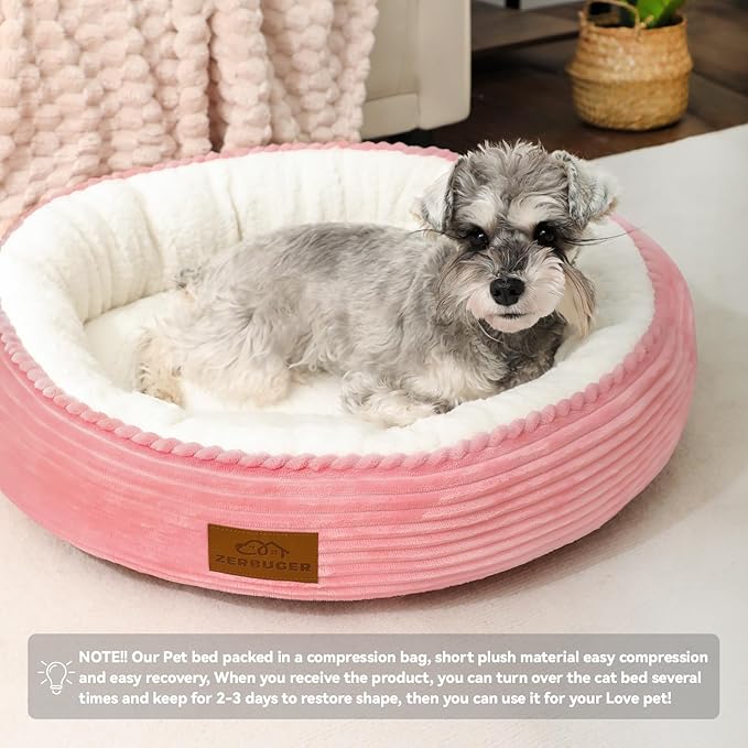Zerbuger 20in Washable Cat Beds for Indoor Cats - Round Donut Pet Bed for Cats, Small Dogs, Puppy, Kitten - Anti-Slip Bottom, Calming Bed Gift - Pink