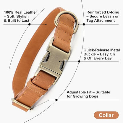 Plutus Pet Genuine Leather Dog Collar – Adjustable Pet Collar with Quick Release Metal Buckle, Soft Real Leather for Small Medium Large Dogs, Heavy Duty & Skin-Friendly (Light Brown, M)