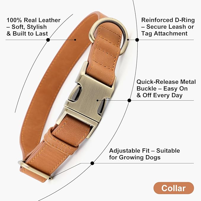 Plutus Pet Genuine Leather Dog Collar – Adjustable Pet Collar with Quick Release Metal Buckle, Soft Real Leather for Small Medium Large Dogs, Heavy Duty & Skin-Friendly (Light Brown, S)
