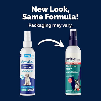 Vetnique Dermabliss Chlorhexidine for Dogs Skin Health - Antibacterial Medicated Spray - for Skin Infections & Irritation, Hot Spots & Redness Relief (Medicated Spray, 8oz)