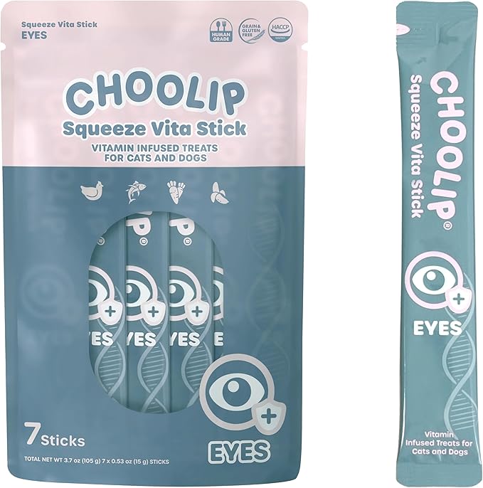 Choolip Squeeze Vita Stick Lickable Cat and Dog Treats, 7-Count Eye Support, Chicken and Tuna with Lutein, Grapeseed Extract and Vitamin E, Vet-Formulated