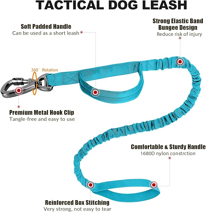 Tactical Dog Collar and Bungee Leash,Military Dog Collar & Leash Set with USA American Flag Adjustable K9 Collar with Heavy Duty Metal Buckle & Handle,with Patches and Airtags Case (Light Blue, L)