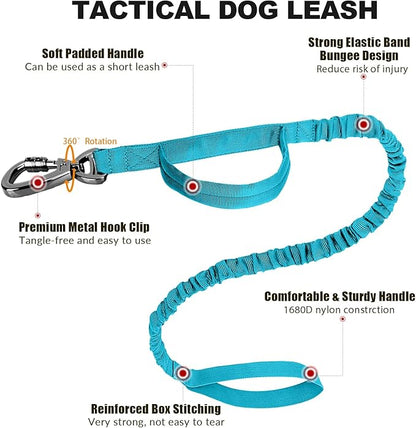 Tactical Dog Collar and Bungee Leash,Military Dog Collar & Leash Set with USA American Flag Adjustable K9 Collar with Heavy Duty Metal Buckle & Handle,with Patches and Airtags Case (Light Blue, L)