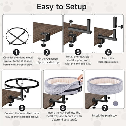 Chumajor Cat Desk Bed - 360° Rotating & Adjustable, Supports 44 lbs, Soft Faux Fur with Dual-Sided Reversible Mat, Modern Indoor Cat Nest Furniture for Office Desks and Game Tables, Island Table