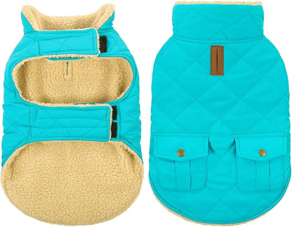 Queenmore Warm Dog Coat, Cold Weather Puffer Dog Coat Vest, Quilting Winter Pet Jacket Ultra Thick Plush Fleece Lining Pet Clothes for Dogs with Storage Pockets (Light Blue,Large)