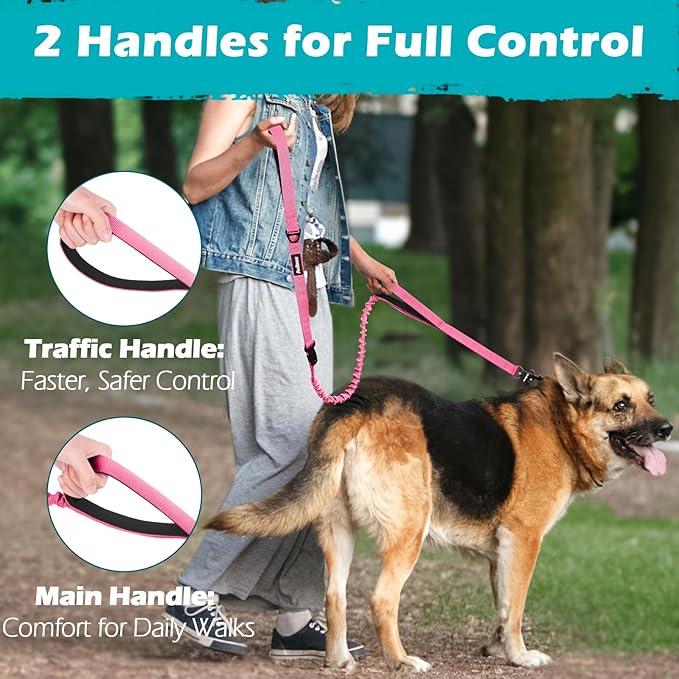 PetBonus Heavy Duty Tactical Dog Leash, 5 FT Bungee Shock Absorption Leash with 2 Padded Handles, Quick Release Metal Clip, Car Seatbelt, No Pull Training Lead for Large Medium Dogs（Pink）