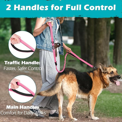 PetBonus Heavy Duty Tactical Dog Leash, 5 FT Bungee Shock Absorption Leash with 2 Padded Handles, Quick Release Metal Clip, Car Seatbelt, No Pull Training Lead for Large Medium Dogs（Pink）