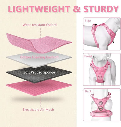 PoyPet No Pull Dog Harness, No Choke Reflective Dog Vest, Adjustable Pet Harnesses with Easy Control Padded Handle for Small Medium Large Dogs(Light Pink Matching Trim,XL)