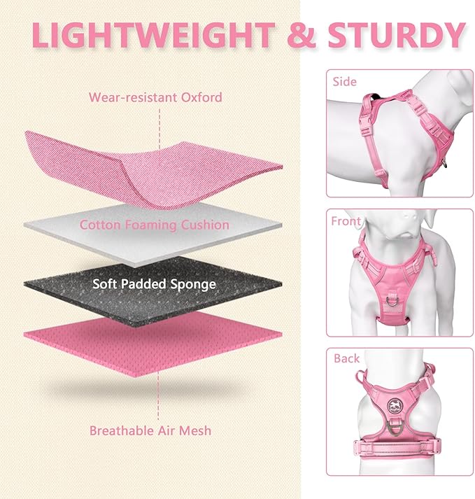 PoyPet No Pull Dog Harness, No Choke Reflective Dog Vest, Adjustable Pet Harnesses with Easy Control Padded Handle for Small Medium Large Dogs(Light Pink Matching Trim,S)