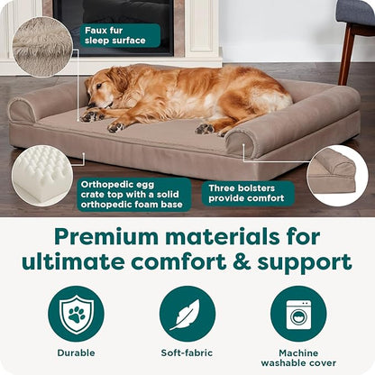 Furhaven Orthopedic Dog Bed for Large Dogs w/ Removable Bolsters & Washable Cover, For Dogs Up to 95 lbs - Luxe Faux Fur & Performance Linen Sofa - Woodsmoke, Jumbo/XL