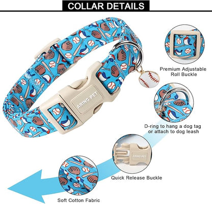 ARING PET Baseball Dog Collar, Cute Summer Blue Pet Collars with Quick Release Buckle for Puppy Small Medium Large Boy Girl Dogs-XS