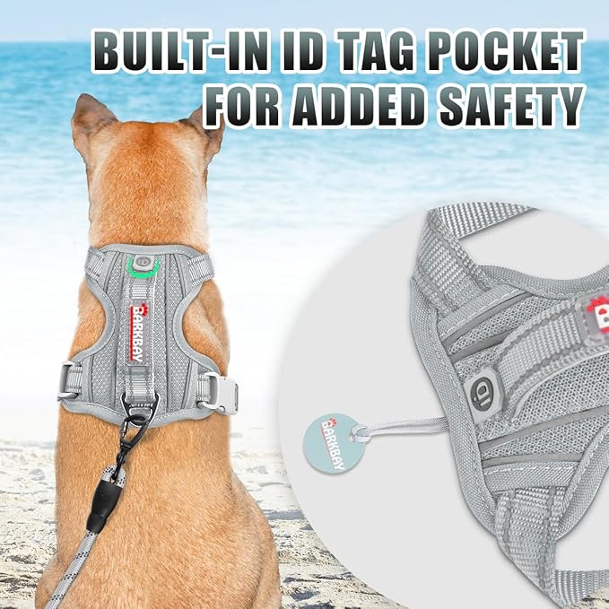 BARKBAY No Pull Dog Harness Large Reflective Dog Harness with Front Clip and Easy Control Handle for Walking Training Running with ID tag Pocket(Grey,S)