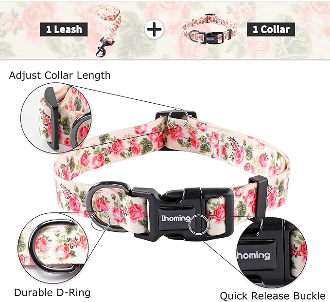 Ihoming Dog Collar and Leash Set for Daily Outdoor Walking Running Training, Pink Flowers Design for Medium Boys Girls Dogs Cats Pets, M-Up to 45LBS