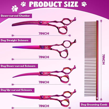 JASON Dog Grooming Scissors Set - Professional 6 in 1 Dog Shears Set - 7" Curved Chunker, 7" Straight, 7" Up-Curved, 7" Down-curved Scissors and Comb for Dog Cat Pet with Adjustable Screw