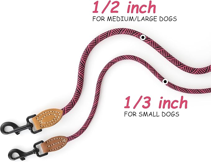 Mile High Life Small Dog Leash, Thin Rope Leash with Genuine Leather Connection and Heavy Duty Metal Clasp, Great for Small Medium Dogs(Pink,60 Inch-1/3)