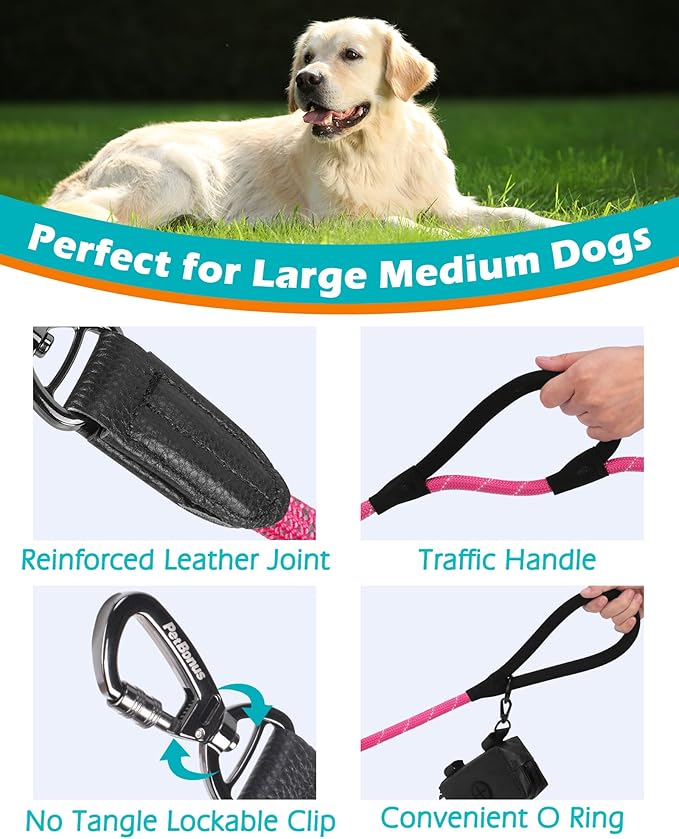 PetBonus Double Handle Rope Dog Leash, 5FT Heavy Duty Training Lead with Lockable Hook and 2 Comfortable Padded Handles, Reflective Walking Nylon Leash for Large Medium Dogs (55-200 lbs, Pink)
