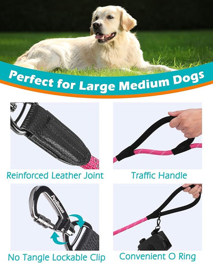 PetBonus Double Handle Rope Dog Leash, 5FT Heavy Duty Training Lead with Lockable Hook and 2 Comfortable Padded Handles, Reflective Walking Nylon Leash for Large Medium Dogs (55-200 lbs, Pink)