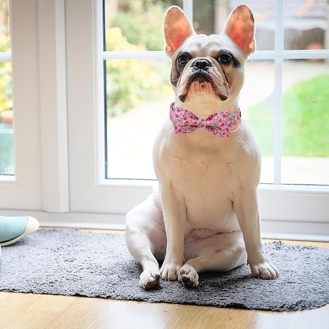 Cute Dog Collar with Bow Tie, Spring Summer Strawberry Bowtie Dog Collar, Durable Adjustable Cotton Pet Collar for Small Medium Large Dogs L