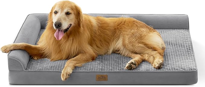 COZY KISS Orthopedic Dog Bed for Extra Large, XXL Dogs Bed, L Shaped Foam Anti-Slip Bottom Giant Pet Cat Sofa with Washable Cover, Suitable for Pet Up to 150 lbs, 48x35x8 inch, Grey ﻿