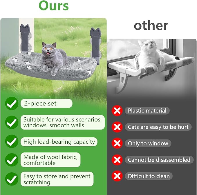 2 Pack Cat Window Perch,Cat Window Hammock Cordless Foldable Window Bed with 4 Large Strong Suction Cup,Reversible Cushion Cover,Metal Frame Easy to Adjust Window Seat Holds up to 40lbs(Star White，M