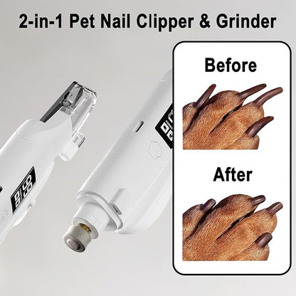 2-in-1 Dog Nail Clippers & Cat Nail Trimmers for Small Medium Large Pets Claw, 2 LED Lights and Battery Indicator, Ultra-Quiet Grinder for Puppy and Kitten, USB-C, Nail Clipping Catcher