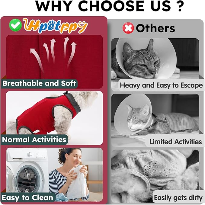 Hpetppy Cat Recovery Suit for Spay Abdominal Wounds, Kitten Onesie Bodysuit for Cats After Surgery, Cat Surgery Recovery Suit Female Cone of Shame Alternative for Cats Anti Licking (Red,M)