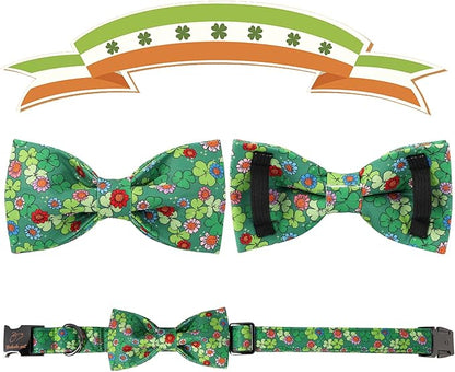 St Patricks Day Dog Collar with Bow Tie, Green Clover Bowtie Dog Collar with Metal Buckle, Adjustable Shamrock Pet Collar for Girls&Boys Dogs, Medium