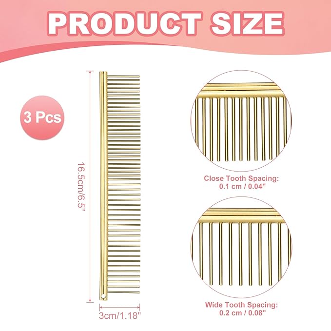 PETAXCELL Dog Cat Comb, Pet Combs Stainless Steel Teeth with Rounded Ends for Knots Mats Loose Hair Removal, 6.5IN (Gold Plated, 3 Pack), Grooming Tool Intended for Long Curly Hair Pet