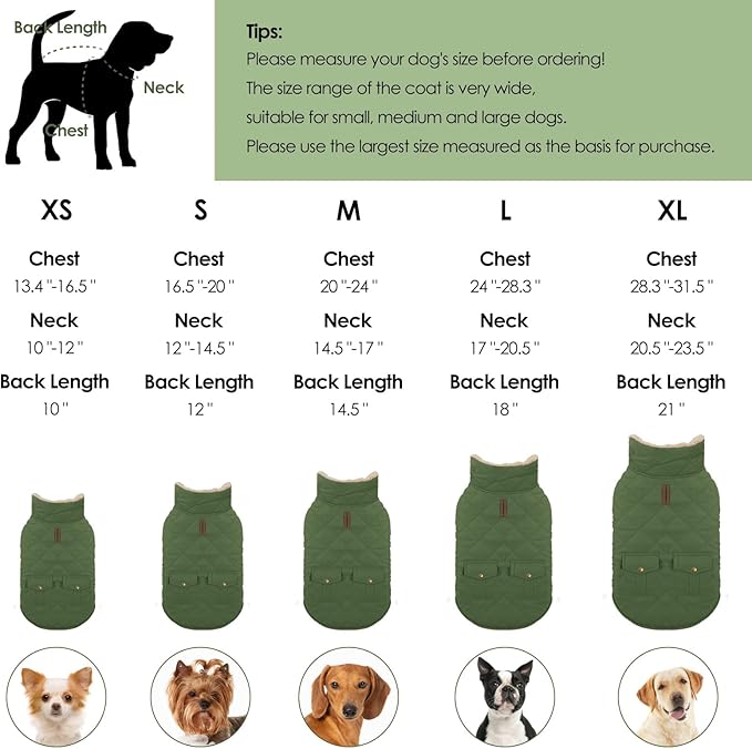 Winter Coat for Medium Dogs, Dog Plaid Jacket, Pets Coat for Cold Weather, Windproof Warm Garments, Pet Thickened Outfits Indoor Outdoor, Army Green M