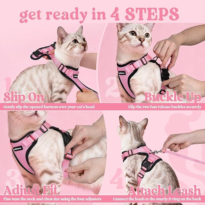 rabbitgoo Cat Harness and Leash for Walking, Escape Proof Soft Adjustable Vest Harnesses for Cats, Easy Control Breathable Reflective Strips Jacket, Pink, M