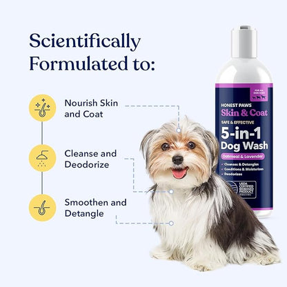 Honest Paws Dog Shampoo and Conditioner - Premium Dog Wash for Allergies and Dry, Itchy, Moisturizing for Sensitive Skin - Sulfate Free, Plant Based, All Natural - Oatmeal & Lavender - 16 Fl Oz