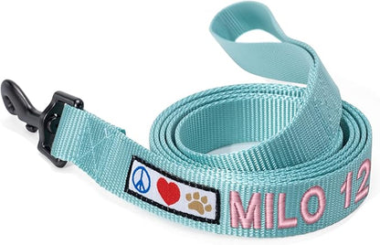 Pawtitas Personalized 6 ft Teal Dog Leash M/L Custom Name and Phone Embroidery Strong Nylon Leash for Medium and Large Breeds