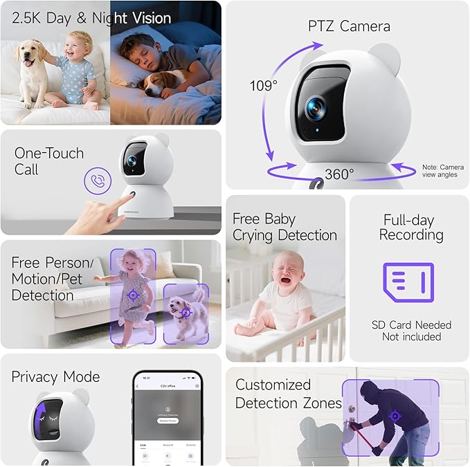 CINMOORE 2.5K Pet/Dog Camera with Speaker/Phone App, No-Monthly-Fee AI Person/Pet/Cry Detection Security Camera Indoor, PTZ 2.4GHz WiFi Baby Monitor Cameras for Home Security, Night Vision, 2-Way Talk
