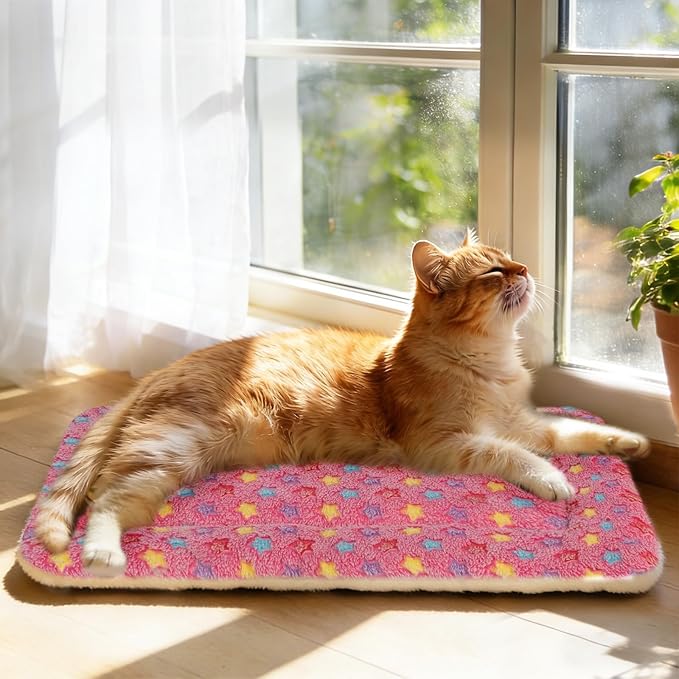 Mora Pets Cat Bed Dog Crate Pad Ultra Soft Pet Bed with Cute Star Print Washable Crate Mat for Small Dogs and Indoor Cats Reversible Fleece Dog Kennel Pad Cat Carrier Mat 14 x 17.5 inch Pink