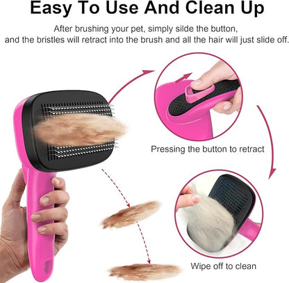 WOPQAEM Self Cleaning Slicker Brush for Dog, Cat, Skin Friendly Shedding & Grooming Tool for Long and Short Haired Pets, Easy Clean Retractable Bristles, Pink