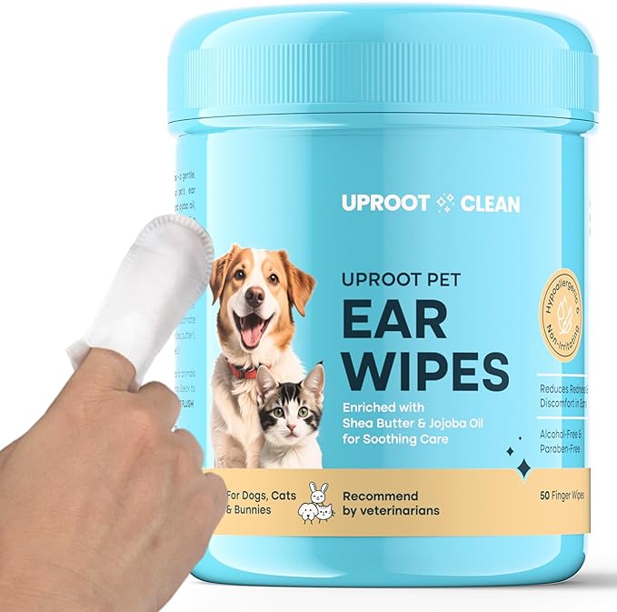 Uproot Clean Cat & Dog Ear Cleaner Finger Wipes (50ct.): Disposable Dog Ear Wipes Enriched with Shea Butter & Jojoba Oil - Cleaner Removing Wax Build Up, Help with Odor Discomfort