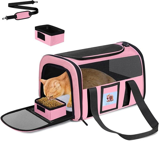 FOORLON Cat Carrier Soft for Pets Up to 15 Lbs, Cat Travel Bag with Padded Shoulder Strap and Detachable Cat Food Bowl, Pet Dog Carriers for Small Dogs Travel Puppy Carry Airline Approved, Pink
