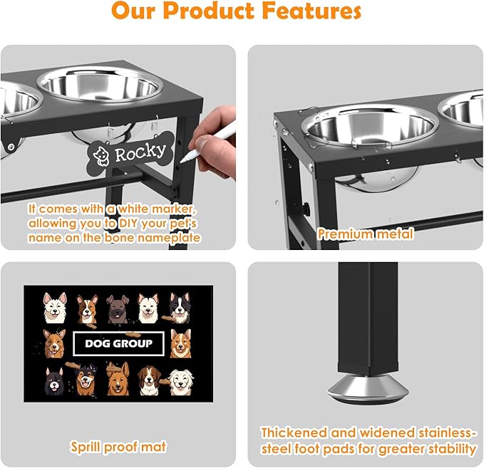 3-in-1 Slow Feeder Dog Bowl Stand, Elevated Raised Feeder with 1 Slow Feed & 2 Stainless Steel Bowls, Iron Stand, Custom Name Plate & Mat - Easy Clean for Fast Eaters, Multiple Dogs
