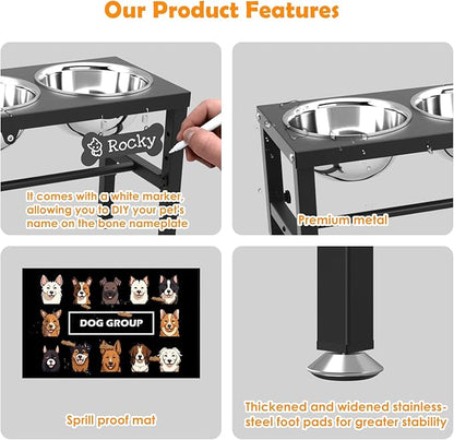3-in-1 Slow Feeder Dog Bowl Stand, Elevated Raised Feeder with 1 Slow Feed & 2 Stainless Steel Bowls, Iron Stand, Custom Name Plate & Mat - Easy Clean for Fast Eaters, Multiple Dogs