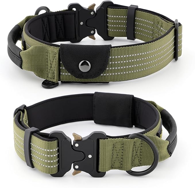 Plutus Pet Tactical Dog Collar with Tracker Pocket for AirTag, Adjustable Reflective Nylon Collar, Metal Buckle, Leather-Wrapped Handle, Soft Padded for Medium Large Dogs (Ranger Green, S)